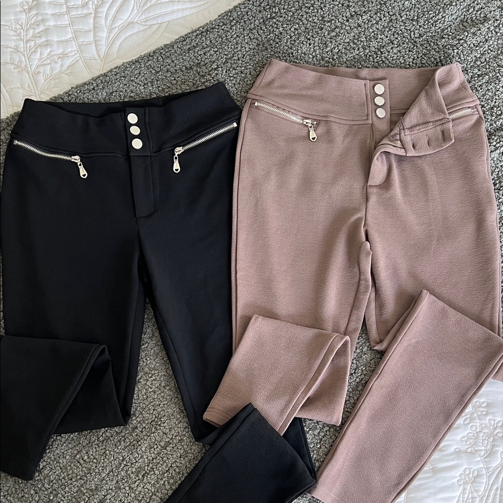 2 pairs of SHEIN High-Waist Ponte Pants with Zip Pockets - Black and Light Brown